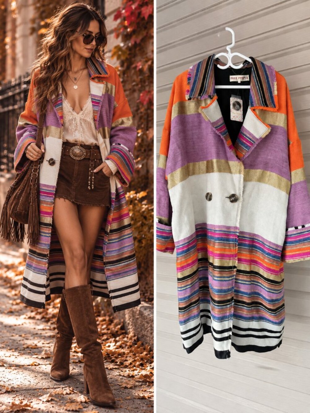 Free People Orange Purple Striped Broad Horizons Coat Oversized Boho Eclectic M